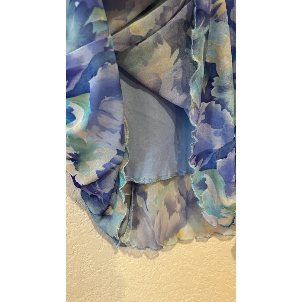 Vintage 90s Maxi Skirt S Blue‎ Floral Mesh Lettuce Hem Elastic Waist Made in USA